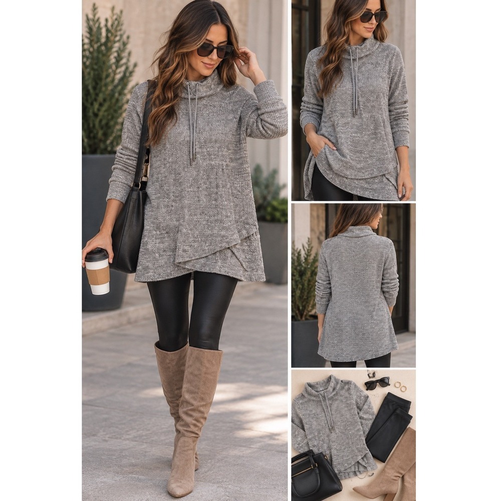Ideology Womens 2X Charcoal Waffle Knit Cowl Neck Pullover Tunic Top Long Sleeve